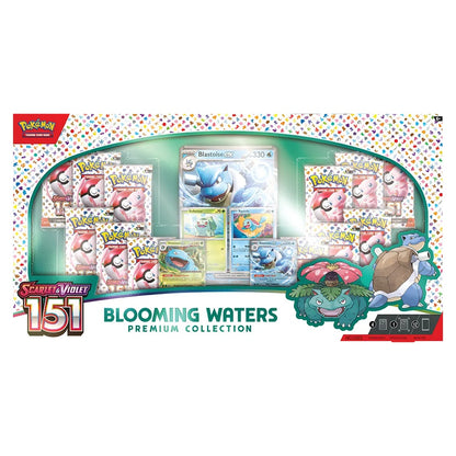Pokemon 151 Blooming Waters Premium Collection med Blastoise ex oversize-kort, fire promokort og 12 booster pakker.