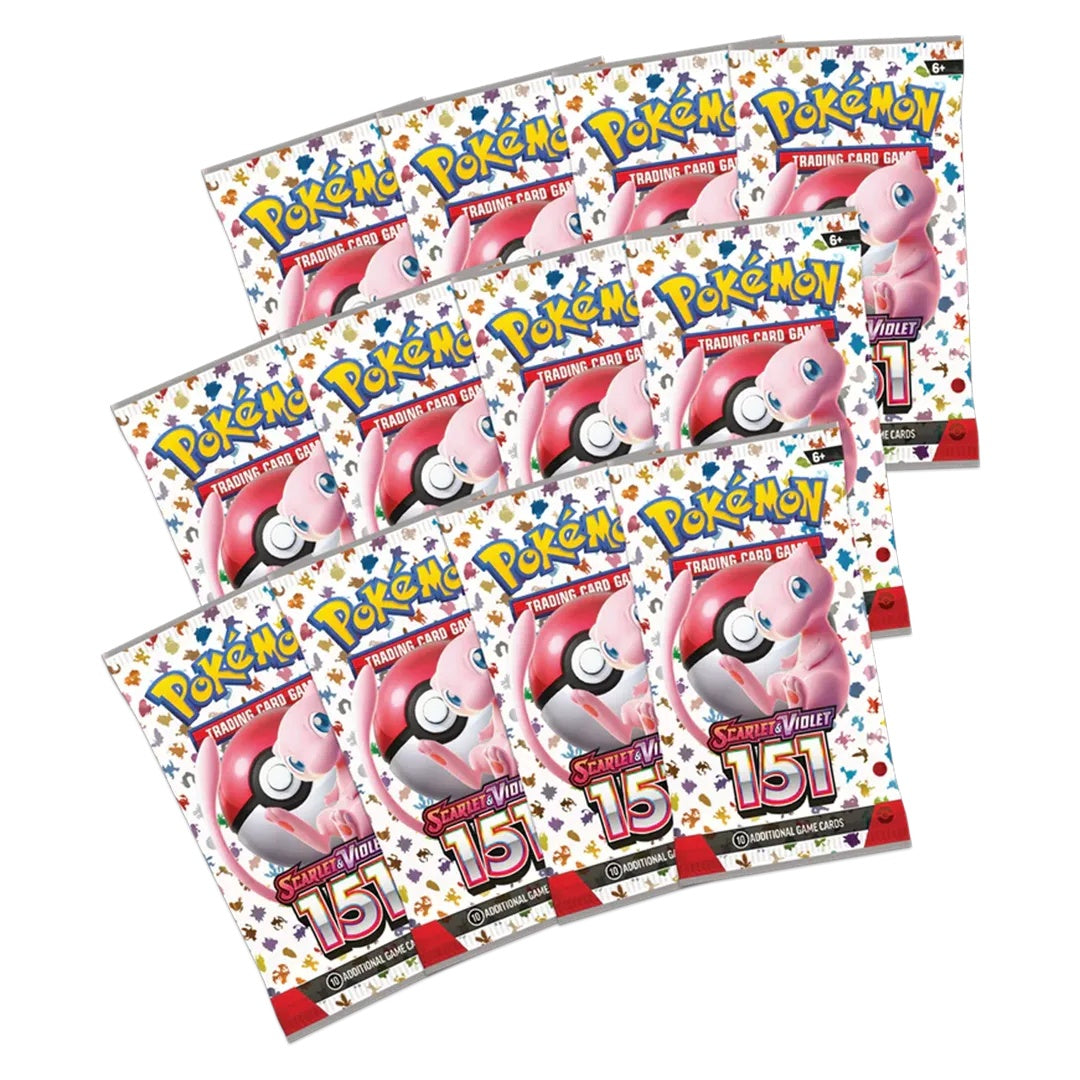 Tolv Pokemon 151 booster pakker med Mew på omslaget.