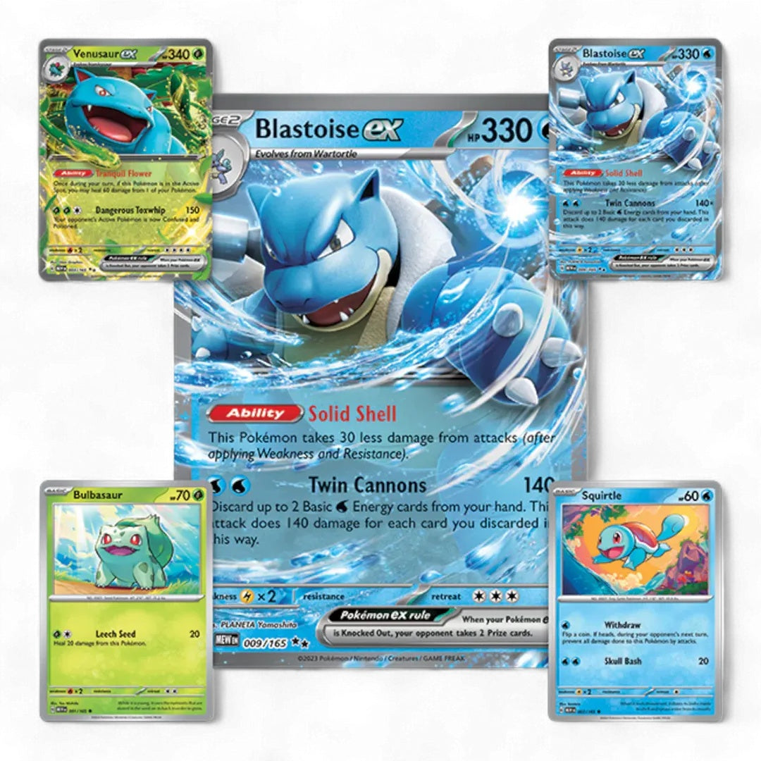 De fire promokortene med Venusaur ex, Blastoise ex, Bulbasaur og Squirtle, foran oversize-kortet med Blastoise ex.