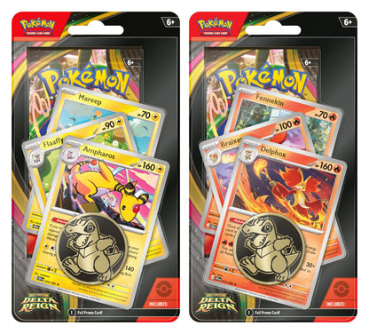Pokemon Delta Reign Premium Checklane Blister Sett – begge design, Ampharos og Delphox, med promokort og Totodile-mynt
