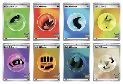 Alle åtte 30th Celebration foil basic energikort: Grass, Fire, Water, Lightning, Psychic, Fighting, Darkness og Metal