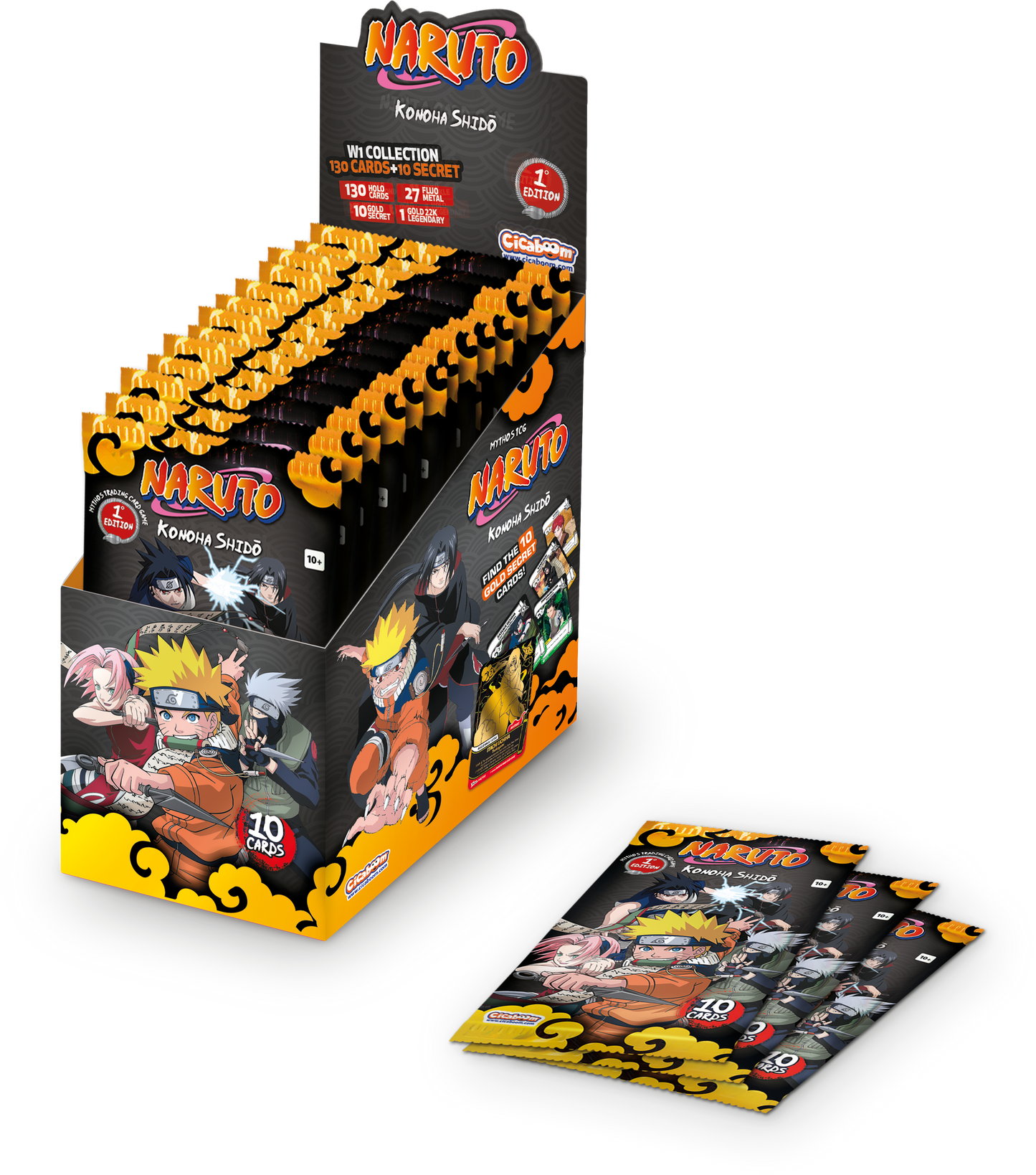 Naruto Mythos TCG Konoha Shido display-eske med 24 booster pakker – Naruto, Sakura og Kakashi på esken, tre pakker foran