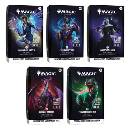 Alle fem Foundations Commander Decks: Calling All Angels, Keen Engineering, Wretched Ranks, Reign of Dragons og Tramplesaurus Rex