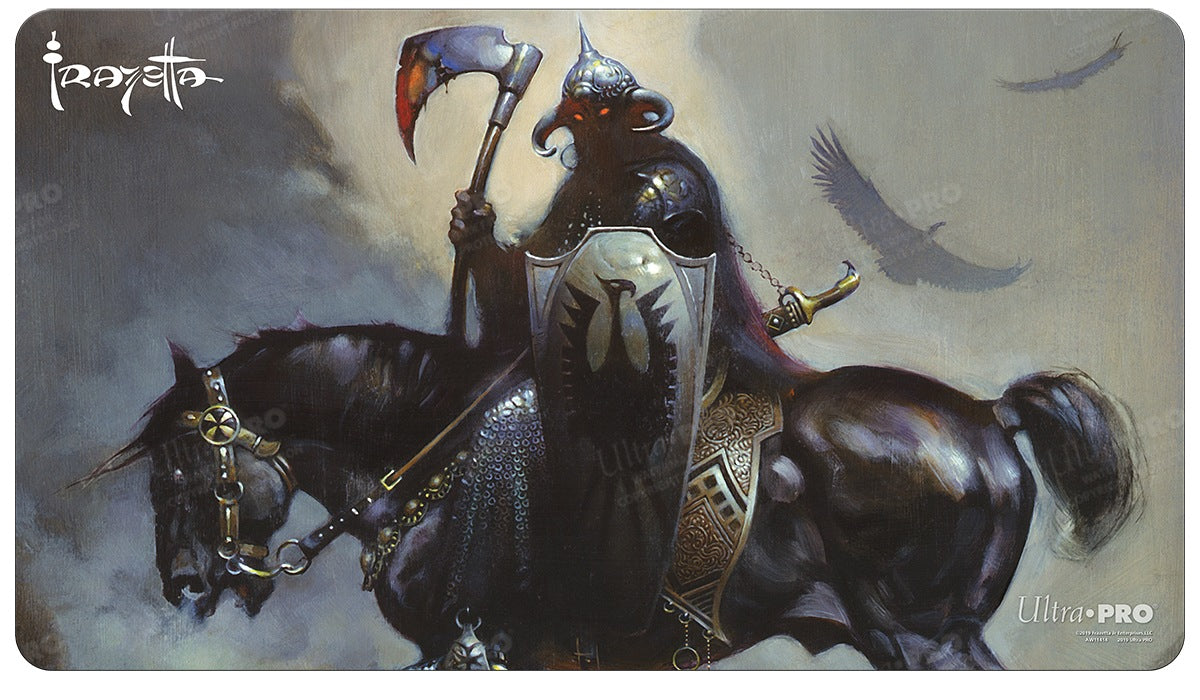 Spillematte sett ovenfra med Frazettas Death Dealer i hjelm på en svart hest, med øks og skjold mot grå himmel