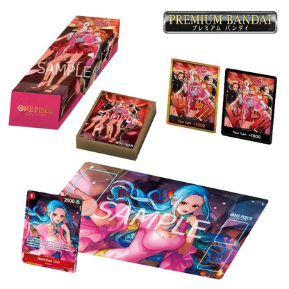 Alt innholdet i One Piece Heroines Special Set: storage box, sleeves, to DON!!-kort, Vivi-promokort og playmat