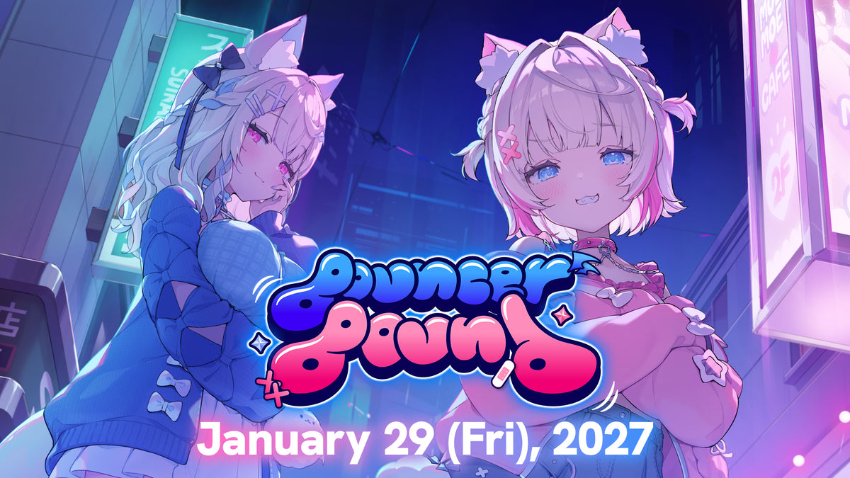 Bouncer Bound, Fuwawa og Mococo Abyssgard (FUWAMOCO) i en neonopplyst gate, lansering 29. januar 2027
