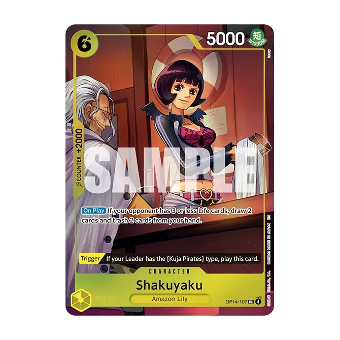 Promokort Shakuyaku OP14-107 – Shakuyaku fra Amazon Lily bak baren, med Silvers Rayleigh i bakgrunnen