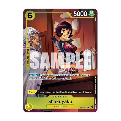 Promokort Shakuyaku OP14-107 – Shakuyaku fra Amazon Lily bak baren, med Silvers Rayleigh i bakgrunnen