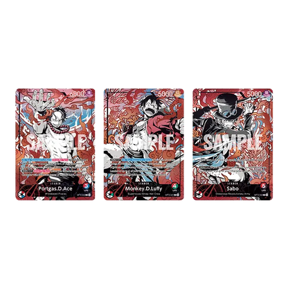 De tre leader-kortene Portgas D. Ace, Monkey D. Luffy og Sabo med manga-art