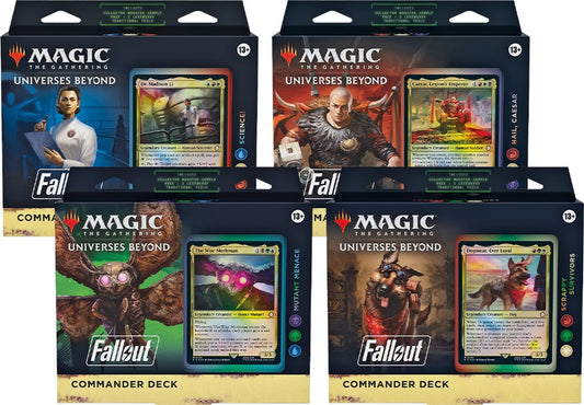 Alle fire Magic The Gathering Fallout Commander-deckene: Science!, Hail, Caesar, Mutant Menace og Scrappy Survivors