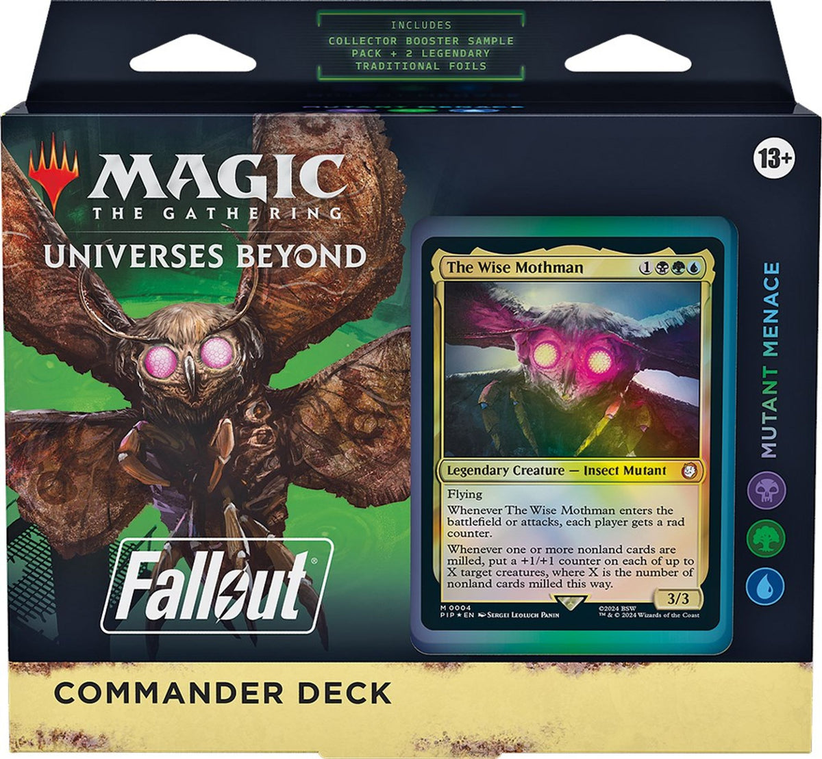 Fallout Commander Deck Mutant Menace med The Wise Mothman som commander, svart, grønn og blå