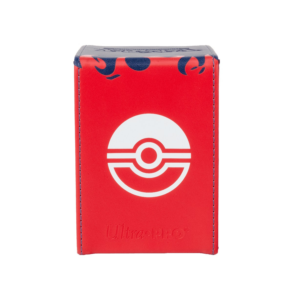 Baksiden av Mega Charizard X-boksen i rødt kunstskinn med Poke Ball-symbol og Ultra Pro-logo