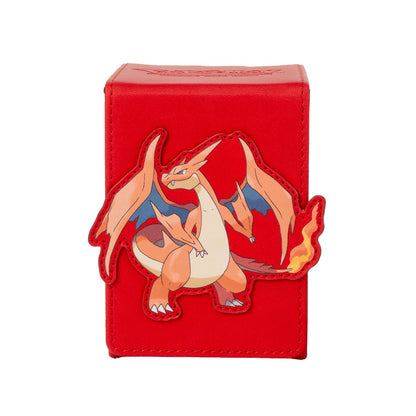 Forsiden av Alcove Flip deck boxen med Mega Charizard Y i oransje på rødt kunstskinn