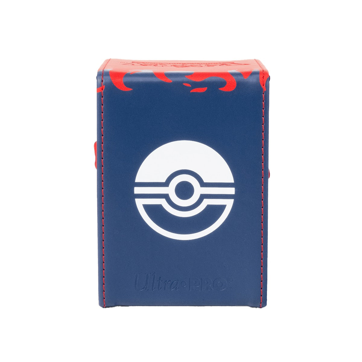Baksiden av Mega Charizard Y-boksen i mørkeblått kunstskinn med Poke Ball-symbol og Ultra Pro-logo