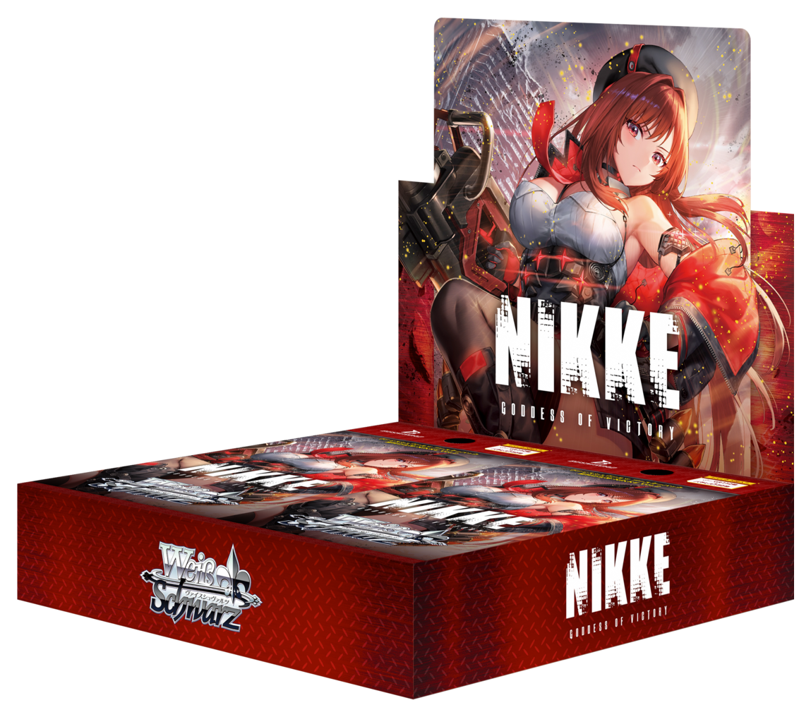 Japansk Nikke Vol.2 booster box, åpent rødt display med en Nikke i rød jakke og svart beret og japansk Weiss Schwarz-logo