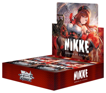 Japansk Nikke Vol.2 booster box, åpent rødt display med en Nikke i rød jakke og svart beret og japansk Weiss Schwarz-logo