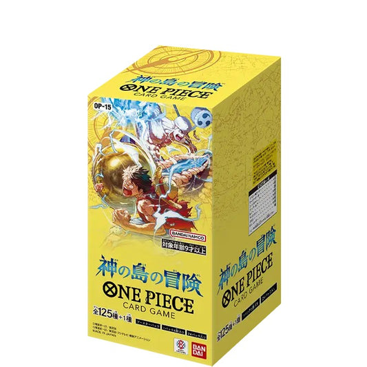 Japansk One Piece OP-15 Adventure on Kami's Island booster box, gul boks med Luffy og Enel i lyn og tordentrommer