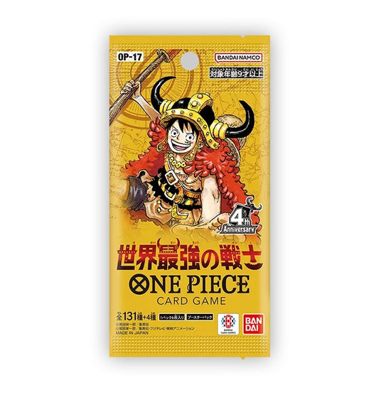 Japansk One Piece OP-17 The World's Strongest Warriors booster pakke med Luffy i hornhjelm og 4th Anniversary-merke, 6 kort per pakke