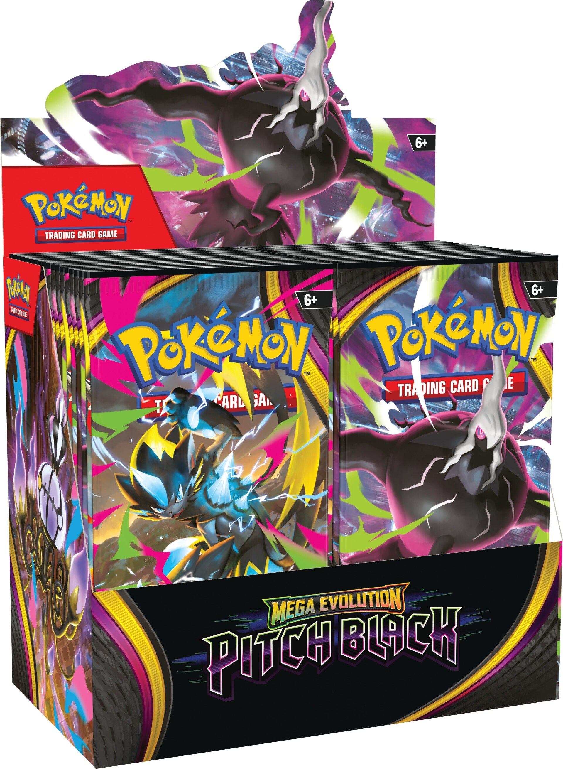 Pokemon Pitch Black Booster Box - sett skråstilt fra venstre side