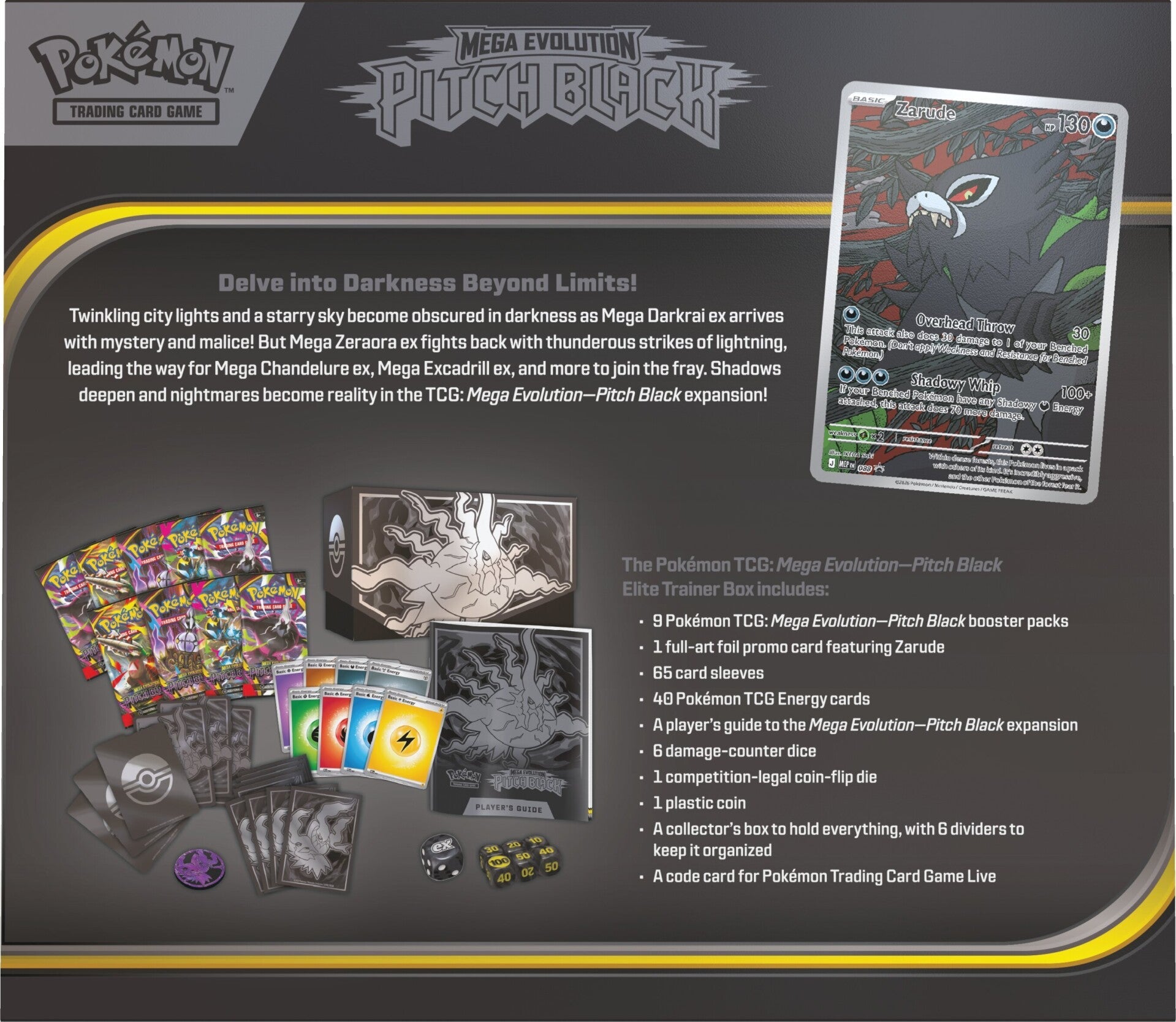 Pokemon Pitch Black Elite Trainer Box - bakside med innhold og full-art promokort med Zarude