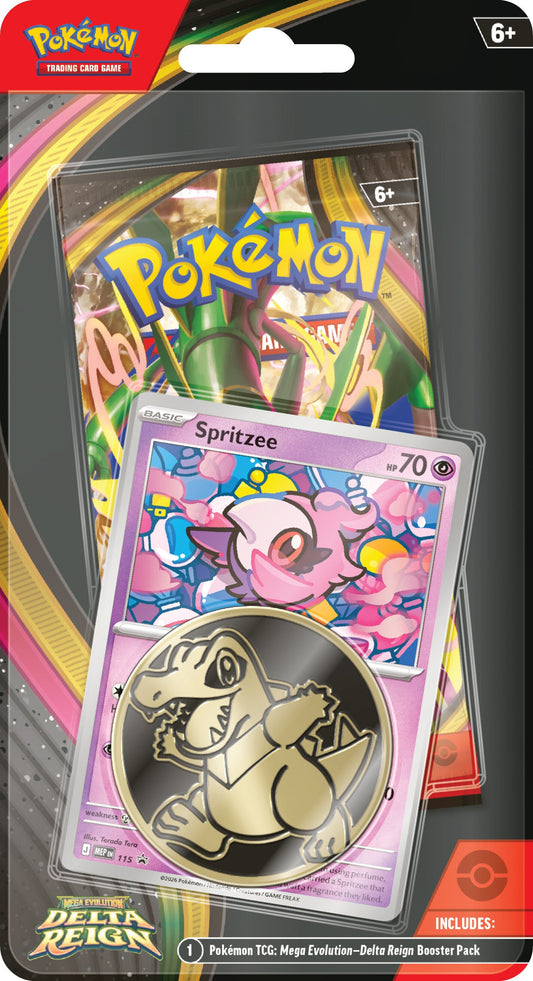 Pokemon Delta Reign Checklane Blister med booster pakke, Spritzee-promokort og Totodile-mynt