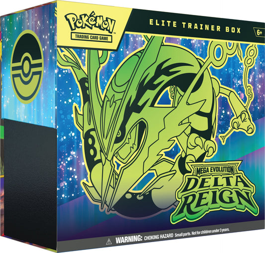 Pokemon Delta Reign Elite Trainer Box skrått forfra med Mega Rayquaza-motiv i grønt og gult