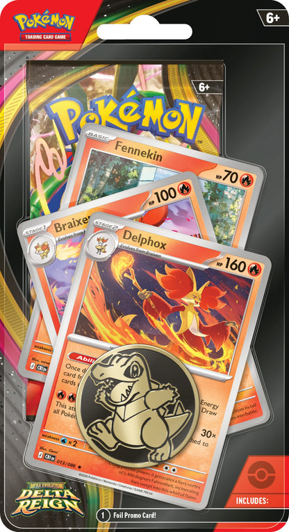 Delta Reign Premium Checklane Blister med promokort av Fennekin, Braixen og Delphox samt Totodile-mynt