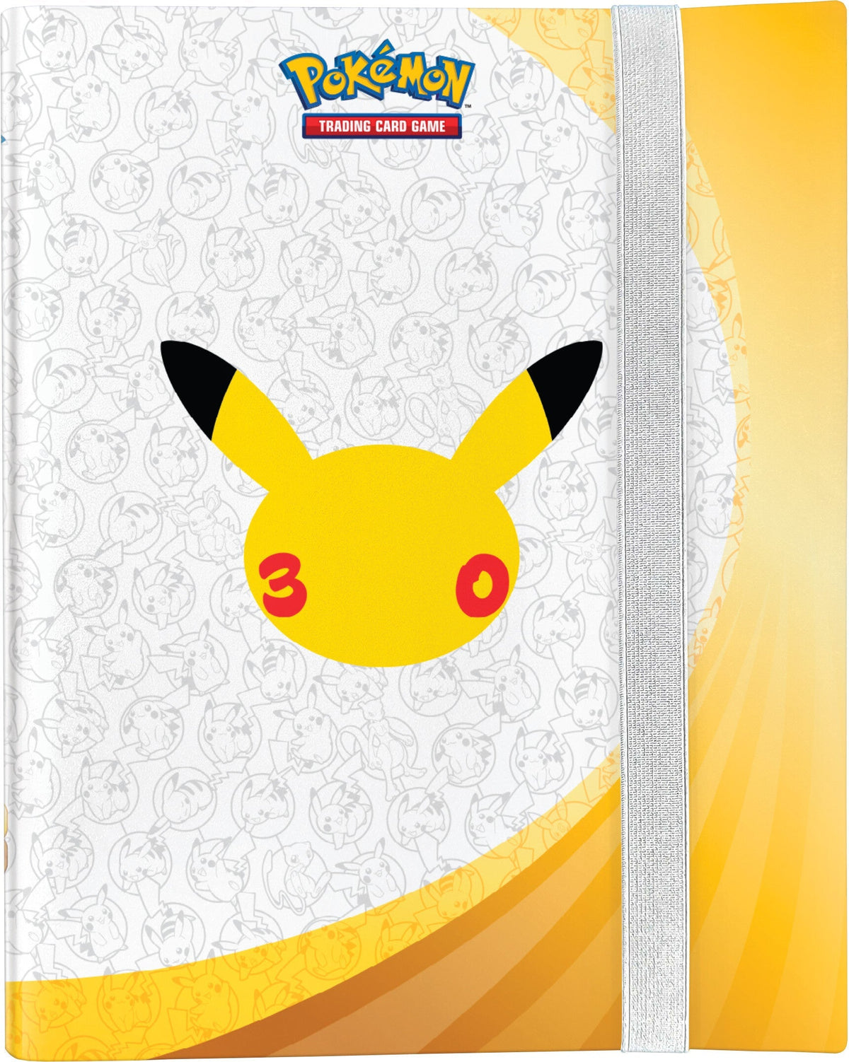 Pokemon 30th Anniversary album med hvitt omslag, Pikachu 30-logo, Pikachu-mønster og strikk i sølv