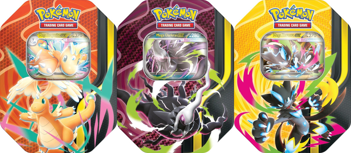 Pokemon Mega Forces ex Tin Sett med de tre tinsene Mega Dragonite, Mega Darkrai og Mega Zeraora side om side