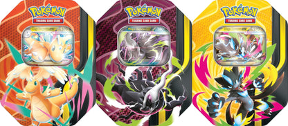 Pokemon Mega Forces ex Tin Sett med de tre tinsene Mega Dragonite, Mega Darkrai og Mega Zeraora side om side