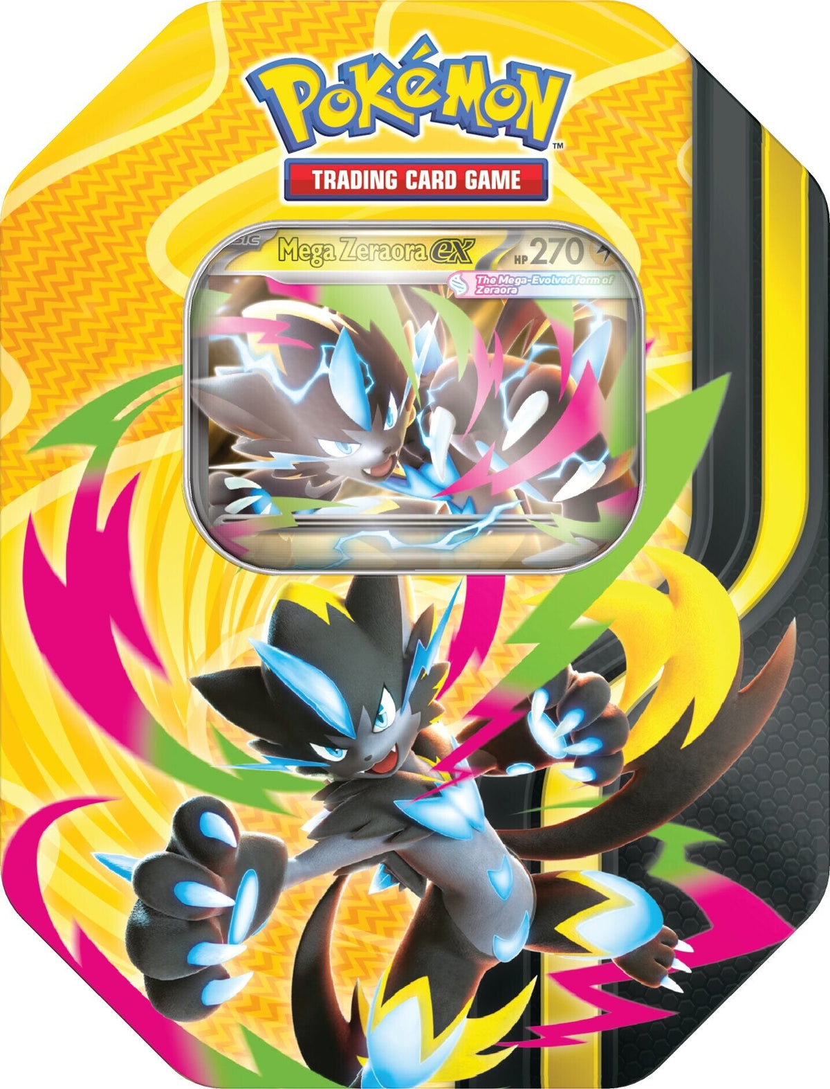 Mega Zeraora ex på forsiden av Mega Forces-tinen, med promokortet synlig i vinduet