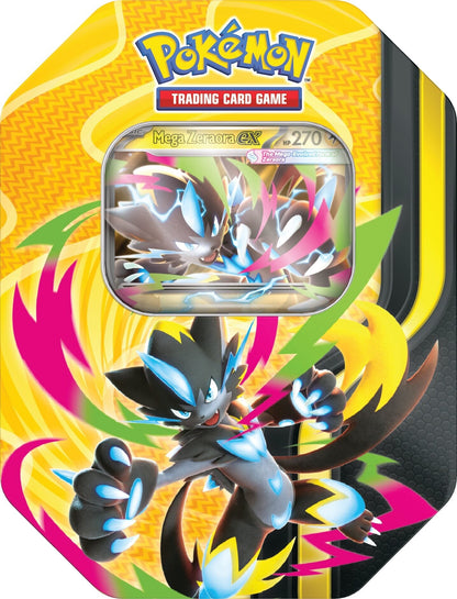 Mega Zeraora ex på forsiden av Mega Forces-tinen, med promokortet synlig i vinduet
