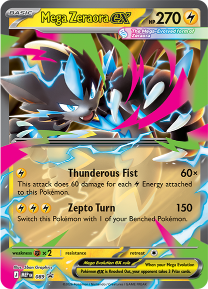 Mega Zeraora ex, foil promokort MEP 089 i Mega Forces Tin