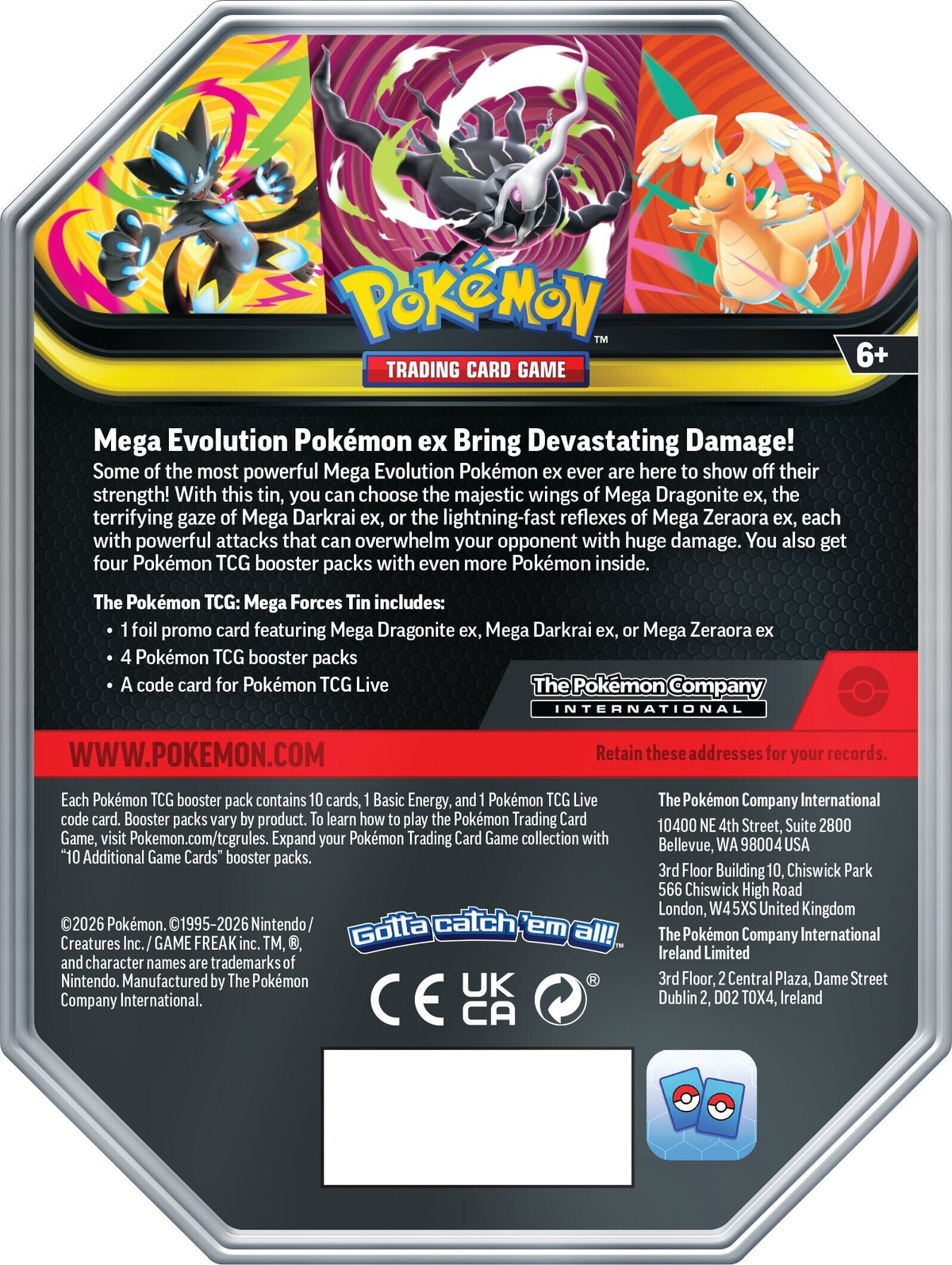 Baksiden av Pokemon Mega Forces Tin med innhold og designene Mega Zeraora, Mega Darkrai og Mega Dragonite