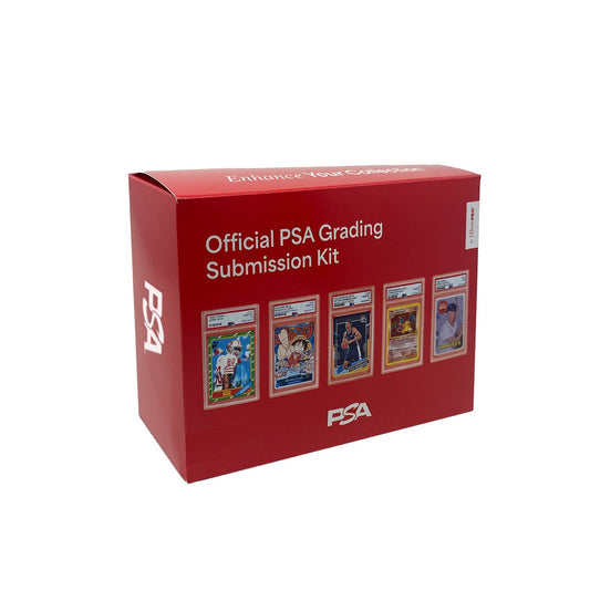 Official PSA Grading Submission Kit i rød eske med bilder av fem PSA-graderte kort