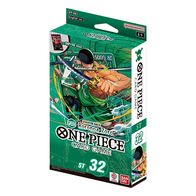 One Piece ST-32 Starter Deck – grønn eske med Roronoa Zoro som trekker sverdet i tre-sverds-stil