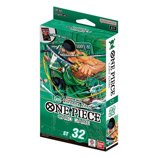 One Piece ST-32 Starter Deck – grønn eske med Roronoa Zoro som trekker sverdet i tre-sverds-stil