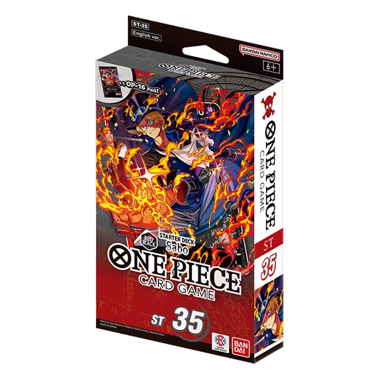 One Piece ST-35 Starter Deck – rød og svart eske med Sabo omgitt av flammer