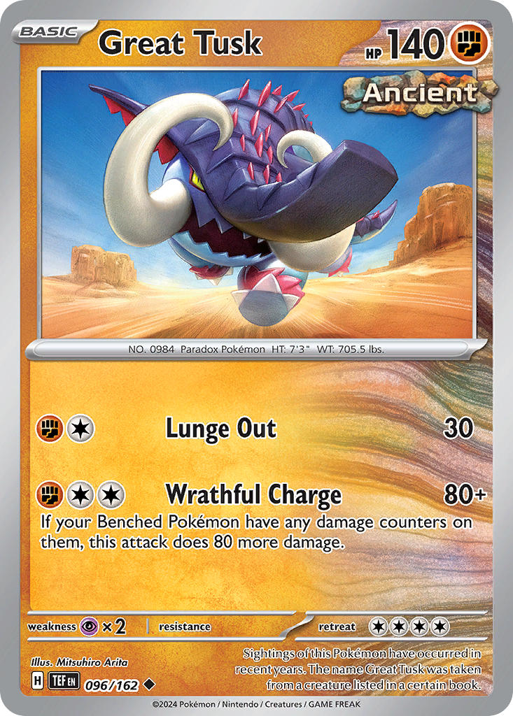 Pokemon-kortet Great Tusk 096/162 fra Temporal Forces, Ancient-kort med 140 HP og angrepene Lunge Out og Wrathful Charge