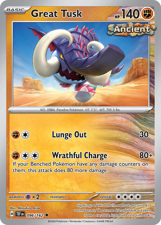 Pokemon-kortet Great Tusk 096/162 fra Temporal Forces, Ancient-kort med 140 HP og angrepene Lunge Out og Wrathful Charge