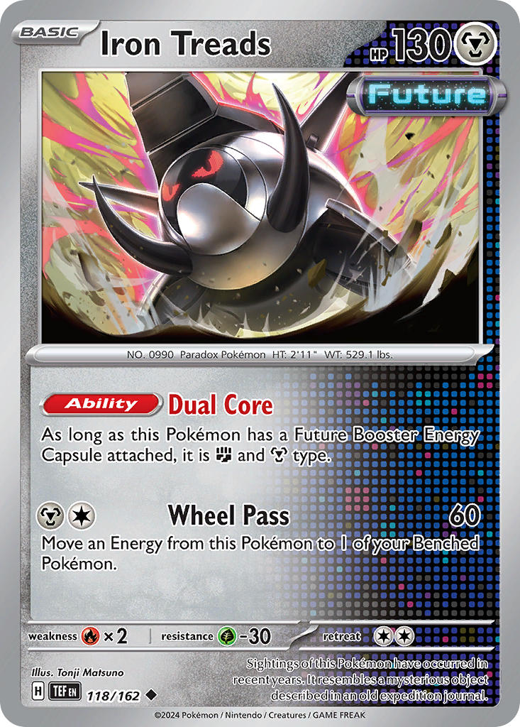Pokemon-kortet Iron Treads 118/162 fra Temporal Forces, Future-kort med 130 HP, evnen Dual Core og angrepet Wheel Pass
