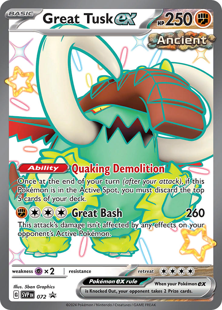 Great Tusk ex SVP072 Black Star Promo i shiny-utgave, jumbo oversize-kort med 250 HP og angrepet Great Bash