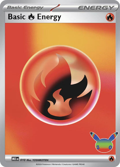 Basic Fire Energy 010 med 30th Celebration-symbol, illustrert av YOSHIROTTEN