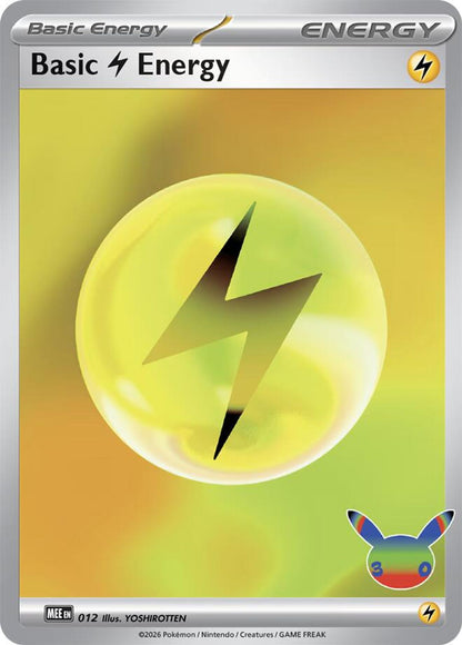 Basic Lightning Energy 012 med 30th Celebration-symbol, illustrert av YOSHIROTTEN