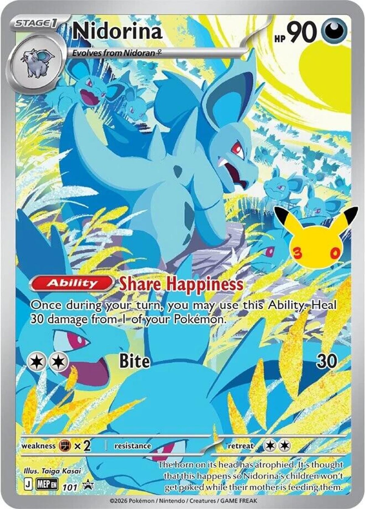 Pokemon-kortet Nidorina MEP101, full-art Black Star Promo med 30 Nidorina i illustrasjonen og Pikachu 30-logo