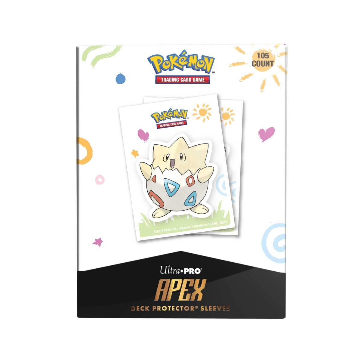 Togepi Apex Deck Protector sleeves i uåpnet pakke med 105 stk, Ultra Pro Apex-logo nederst