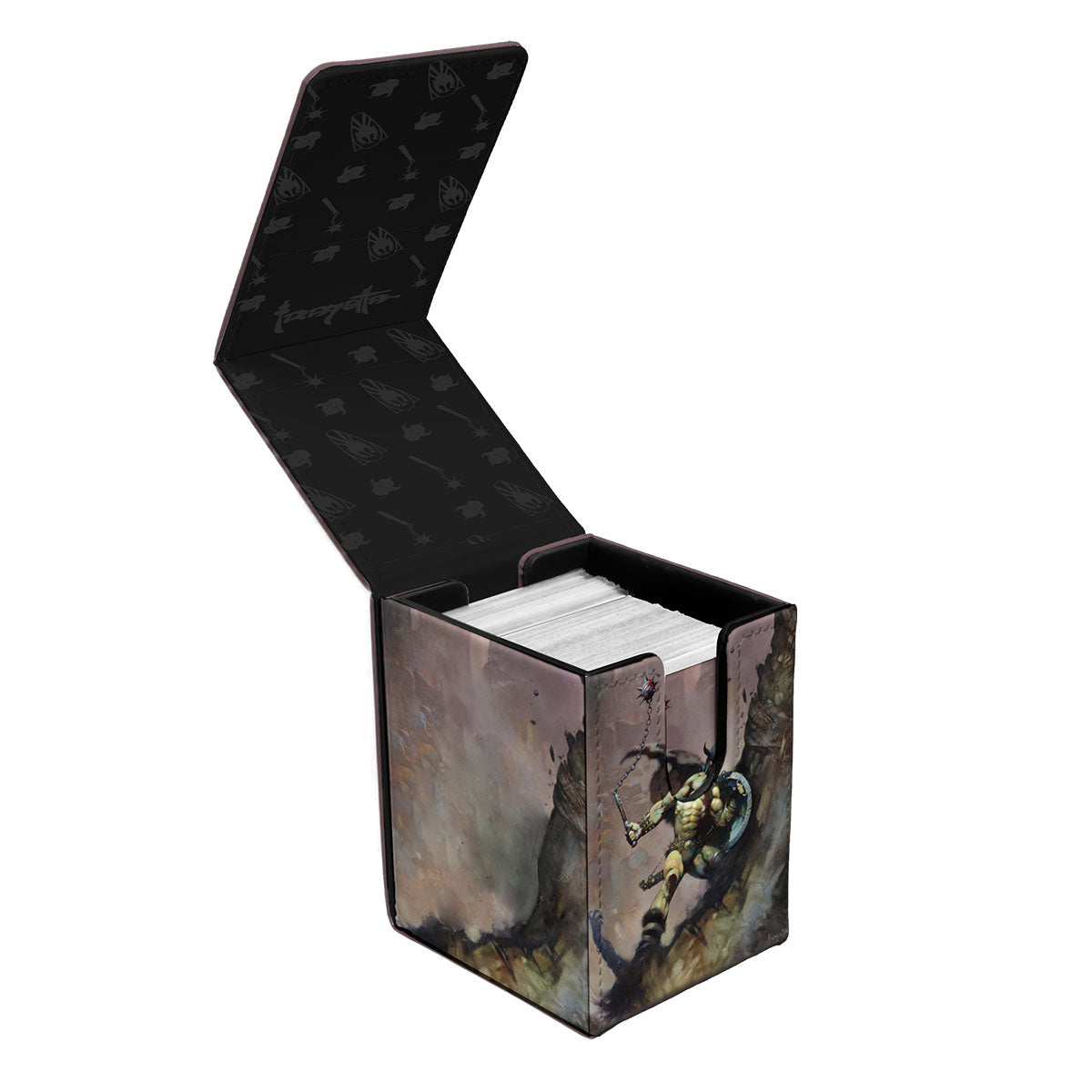 Åpen deck box med lokket løftet og et deck med sleevede kort inni