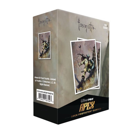 Uåpnet pakke med 105 Apex Deck Protector sleeves med Frazettas «Warrior with Ball and Chain», sett skrått