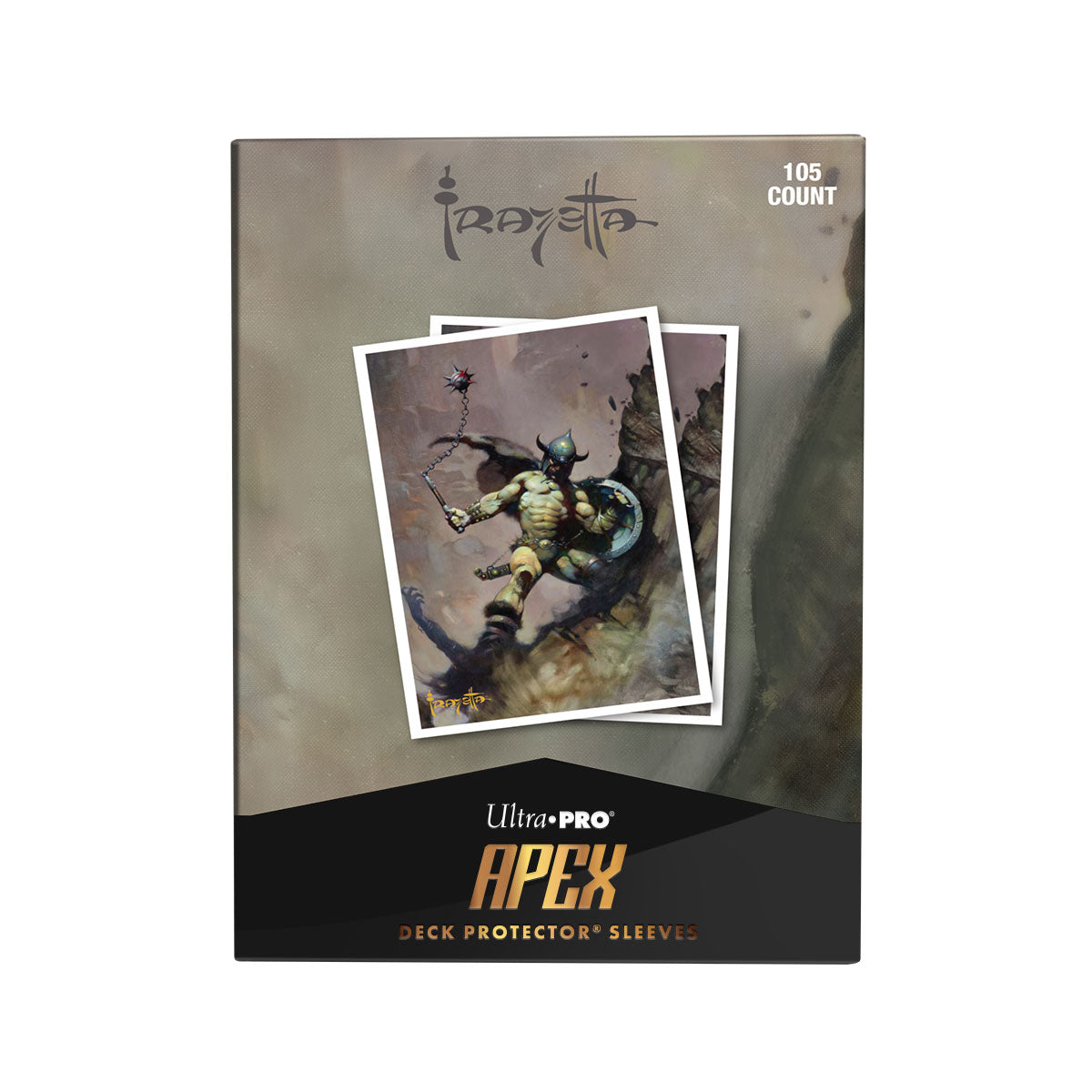 Forsiden av pakken med Frazetta-sleeves og Ultra Pro Apex-logo nederst