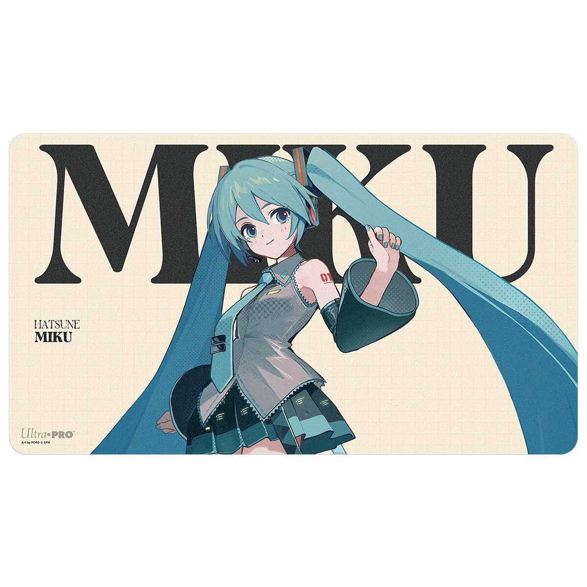 Hatsune Miku Retro Soundscapes spillematte: Miku med turkise tvillinghaler og grå topp foran store bokstaver MIKU på kremhvit bakgrunn